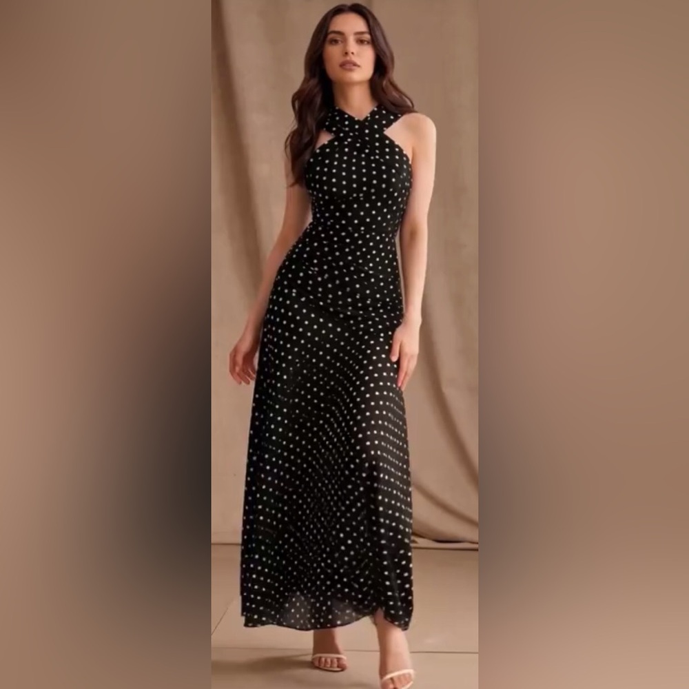 Black Chiffon Polka Dot Halter Maxi Dress fully Lined